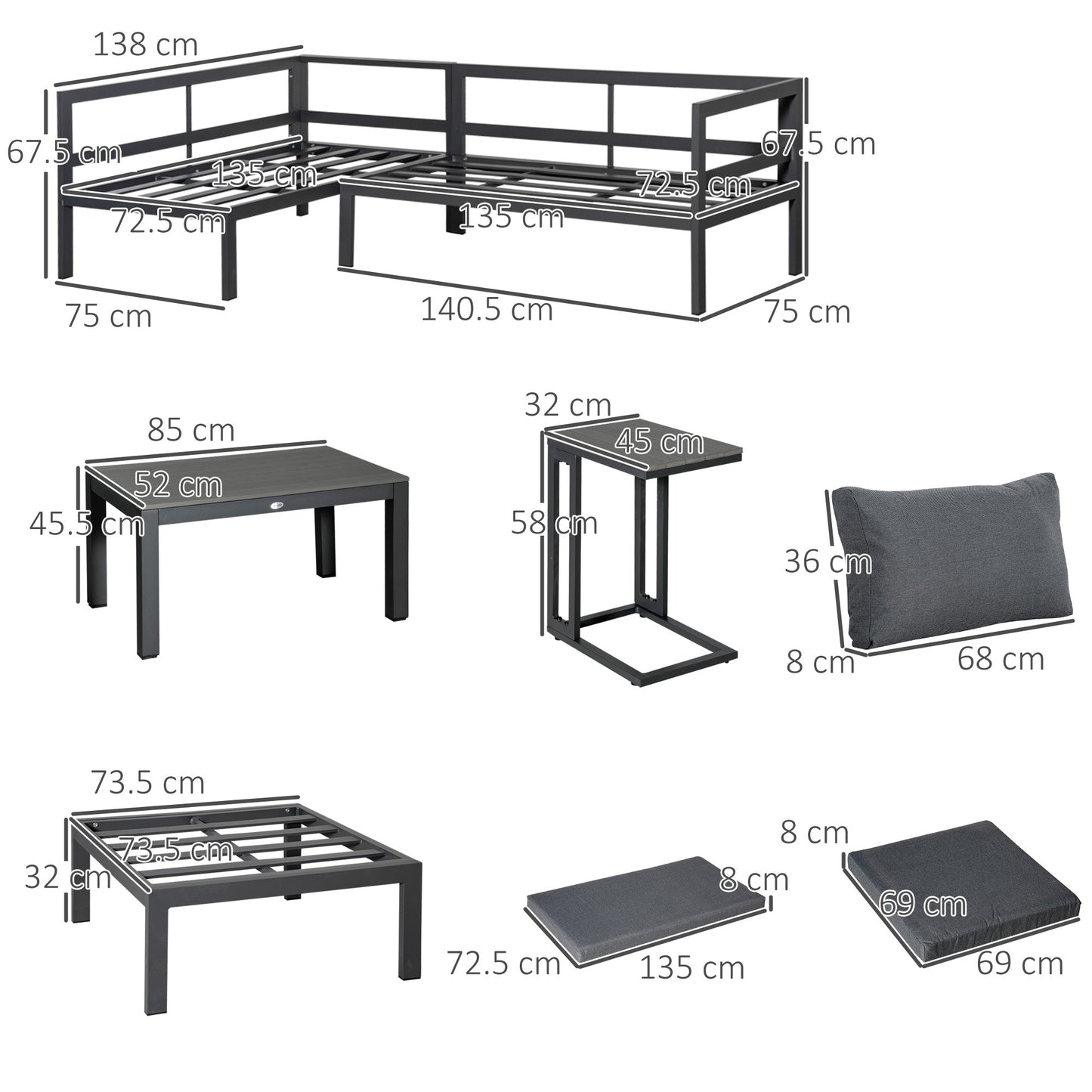 Outsunny 5-Piece L-shaped Garden Furniture Set, Aluminium Conversation Set, Corner Sofa Set with Coffee Table End Table Cushions, Grey Frame