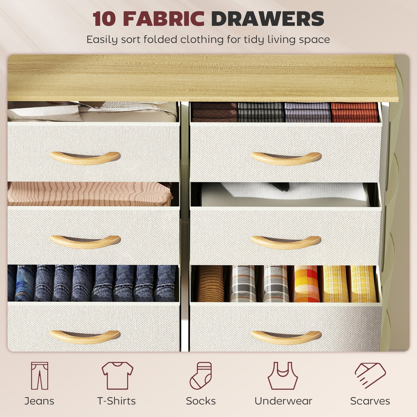 HOMCOM Chest of Ten Fabric Drawers - Beige