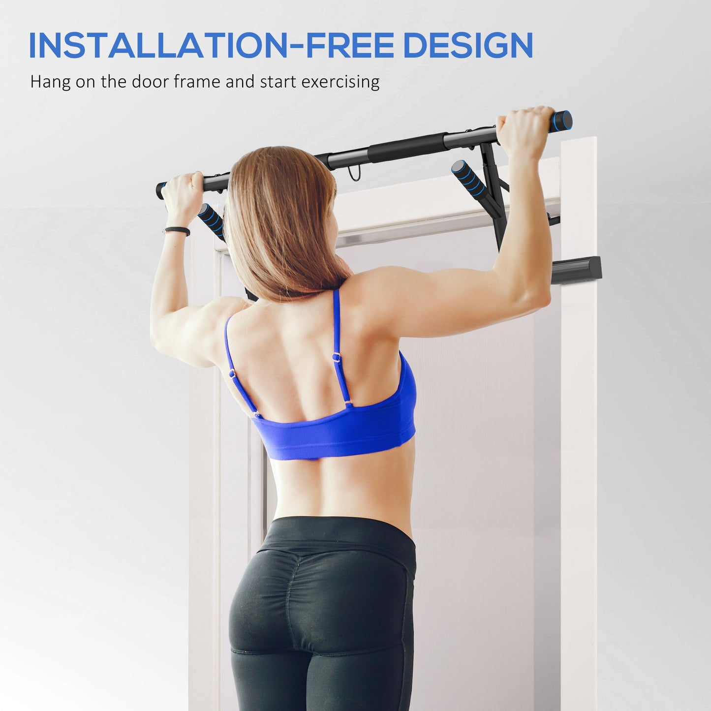 SPORTNOW Pull-Up Bar, No-Drilling Chin-Up Bar, Push-Up Stand with Resistance Bands, Padded Handles for Home Gym Exercise, Blue
