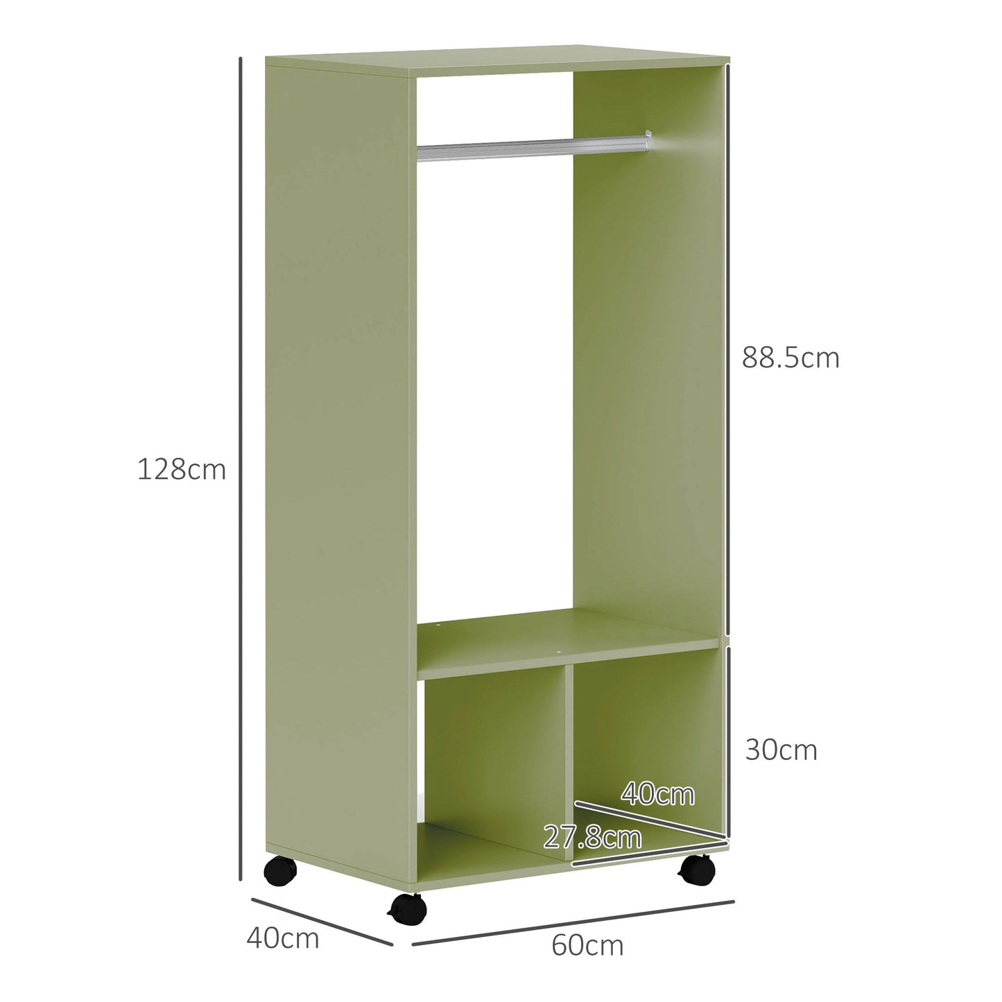 HOMCOM Open Wardrobe on Wheels, Bedroom Wardrobe with Clothes Hanging Rail, 2 Storage Shelves, Mobile Garment Rack for Cloakroom, Hallway, Green