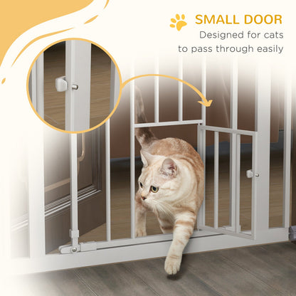 بوابة PawHut Extra Tall Pet Gate، بوابة أمان للكلاب في الأماكن المغلقة، مع فتحة للقطط، إغلاق تلقائي، عرض 74-80 سم - أبيض