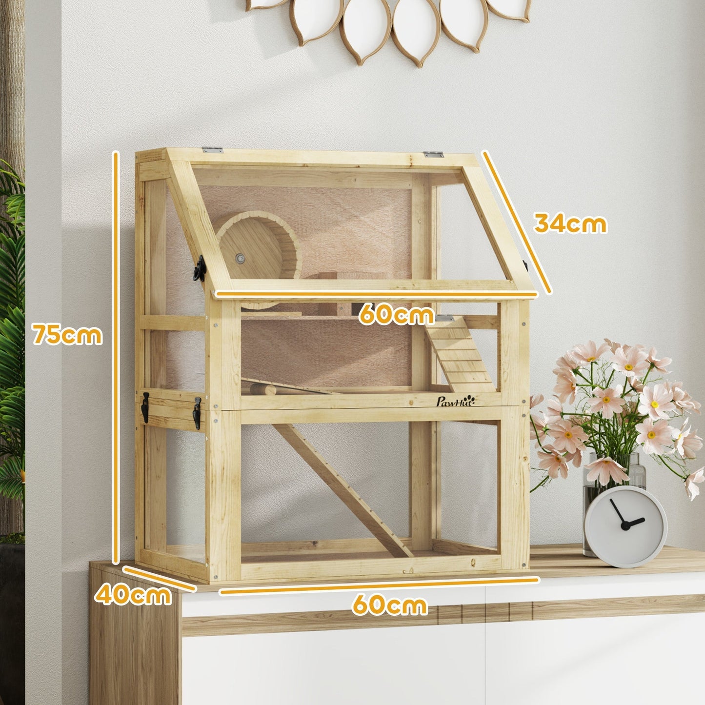 PawHut Wooden Hamster Cage with Detachable 32cm Deep Bottom, Hut, Seesaw, Exercise Wheel, Ramp, 60 x 40 x 75cm, Natural