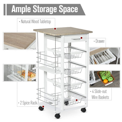 Rolling Kitchen Cart, Utility Storage Cart with 4 Basket Drawers & Side Racks, Wheels for Dining Natural / White