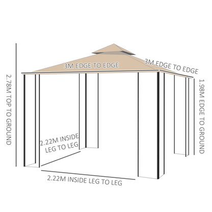 Outsunny 3x3m Garden Gazebo Tent W/Netting, 2-tier Roof