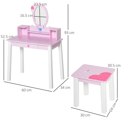 2 Piece Kids Wooden Dressing Table and Stool Girls Vanity Table Makeup Table Set with Mirror Drawers Role Play for Toddlers 3 Year+, Pink White