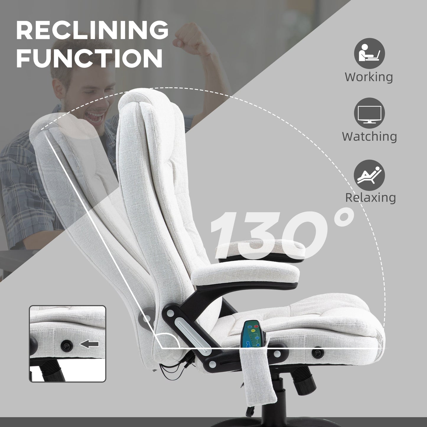 Vinsetto Massage Recliner Chair Heated Office Chair with Six Massage Points Linen-Feel Fabric 360¡ Swivel Wheels Cream White