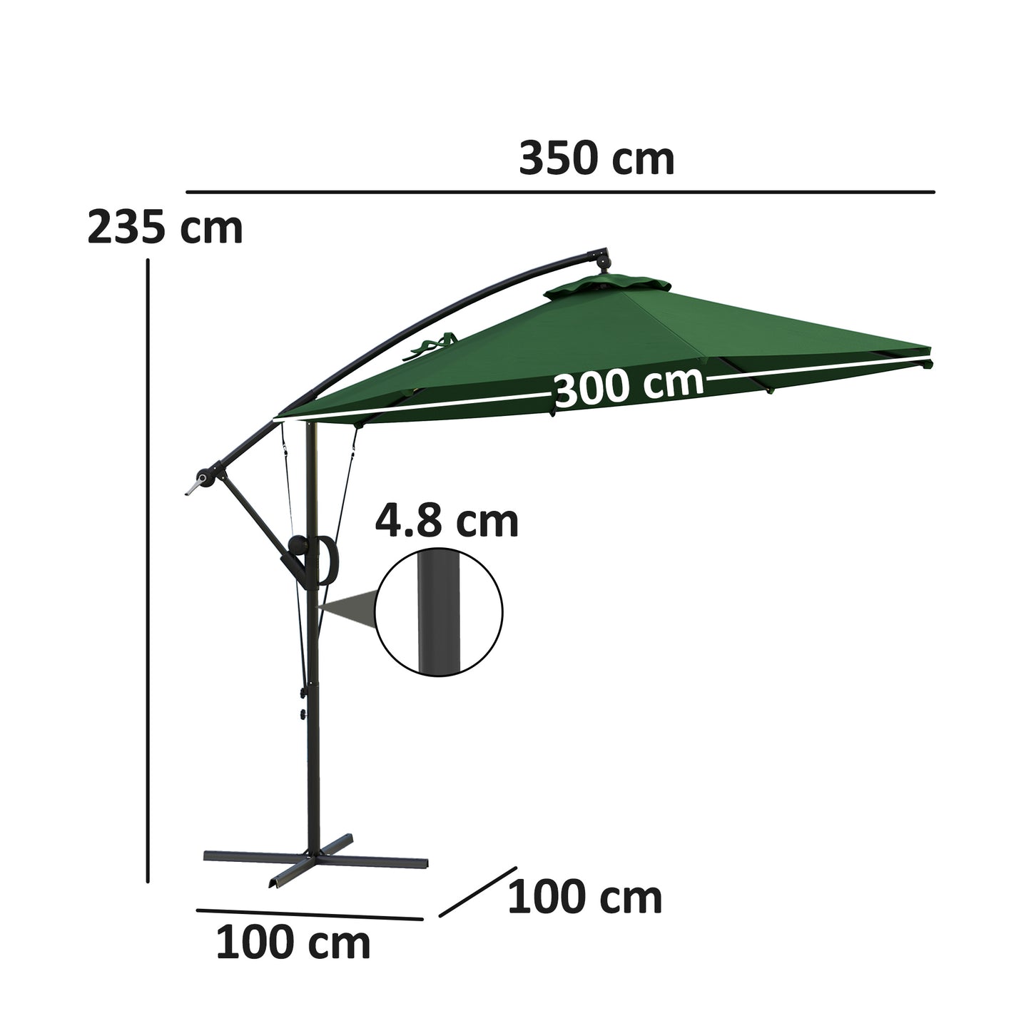 Outsunny 3(m) Parasol ogrodowy z wysięgnikiem z pokrowcem i paskiem chroniącym przed wiatrem, okrągły parasol z korbką i funkcją pochylania, parasol tarasowy typu banan do ochrony przed słońcem na zewnątrz, UPF50+, zielony