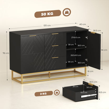 HOMCOM Sideboard with 3 Drawers and Adjustable Shelves for Living Room - Black