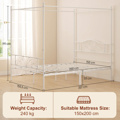 HOMCOM Canopy Bed Frame King Size, Metal Platform Bed Frame with Headboard and Footboard, Underbed Storage, White