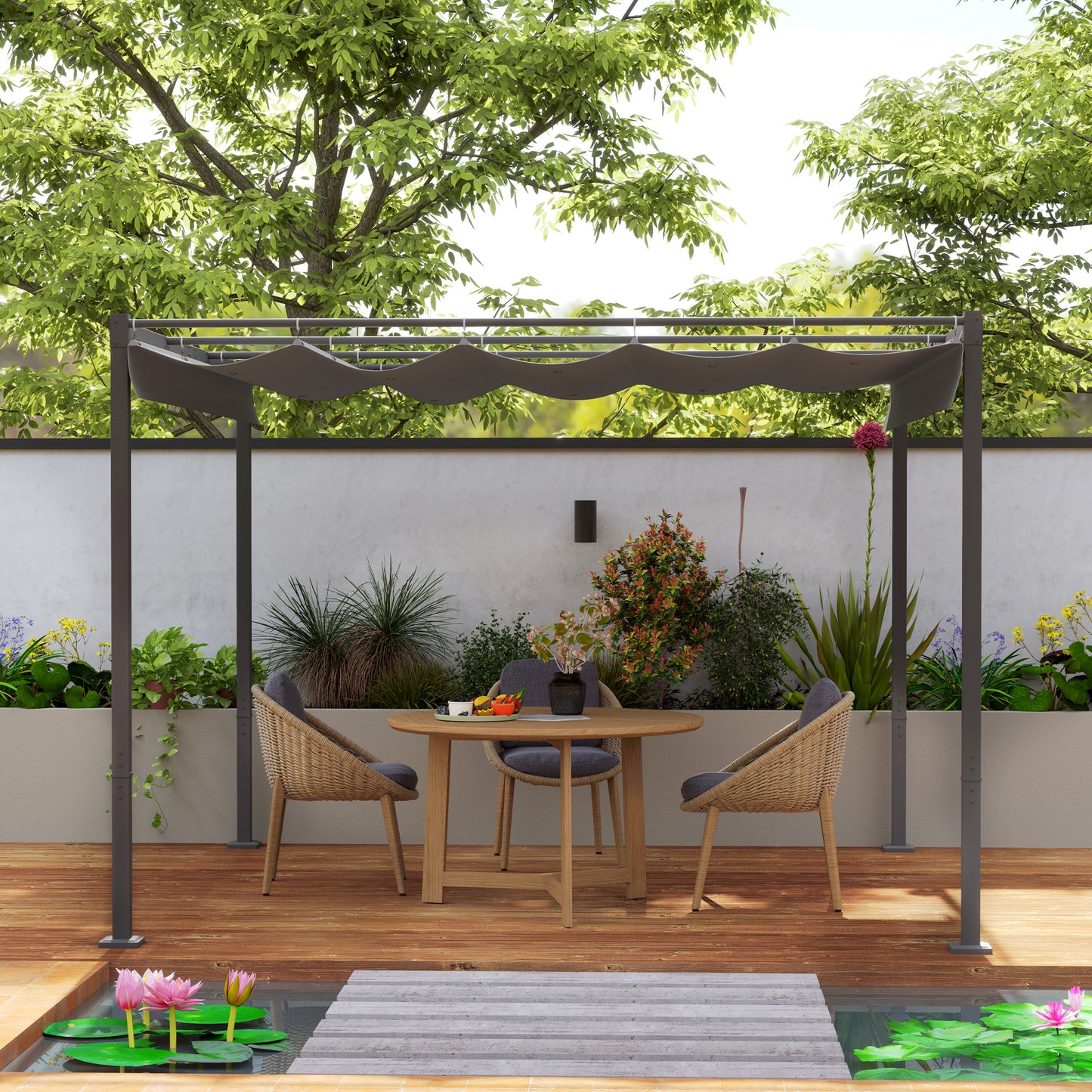 Outsunny 3 x 3(m) Pergola ogrodowa z rozsuwanym dachem i magnetycznym mocowaniem, zestaw pergoli zewnętrznej z baldachimem przeciwsłonecznym, UPF30+, szary