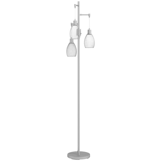 HOMCOM 3-Light Floor Lamp, 170cm Industrial Dimmable Standing Lamp with Steel Wire Cage Lampshades for Living Room, Bedroom, Dining Room, Study, Silver Tone
