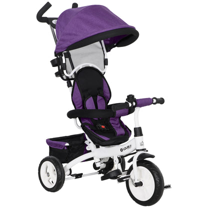 HOMCOM 6 in 1 Kids Trike Push Bike w/ Push Handle, Canopy, 5-point Seat Belt, Storage, Footrest, Brake, for 1-5 Years, Purple