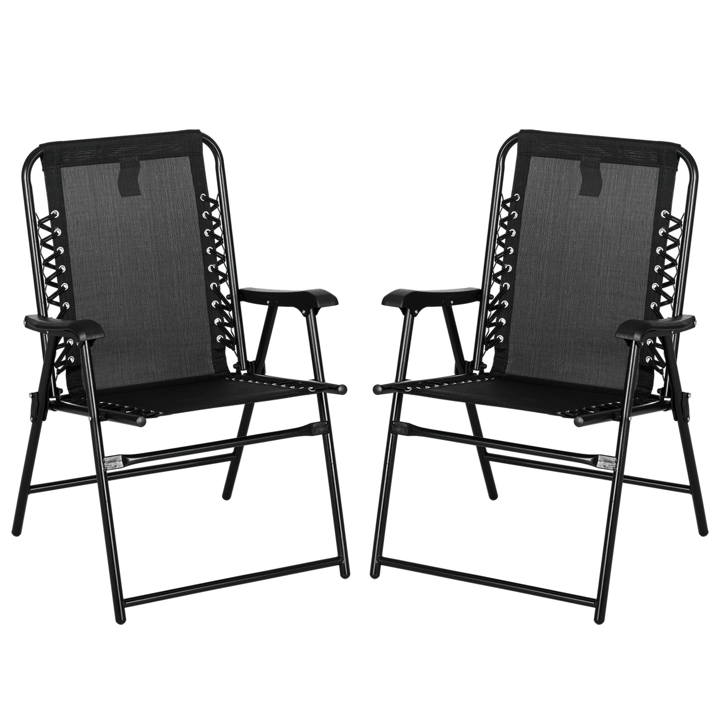 2 Piece Patio Folding Chair Set, Outdoor Portable Loungers for Camping Pool Beach Deck, Lawn w/ Armrest Steel Frame Black