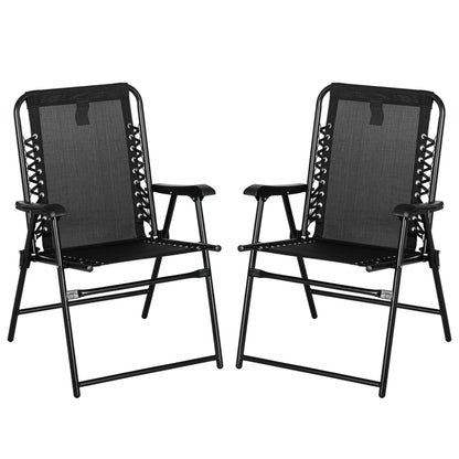 2 Piece Patio Folding Chair Set, Outdoor Portable Loungers for Camping Pool Beach Deck, Lawn w/ Armrest Steel Frame Black