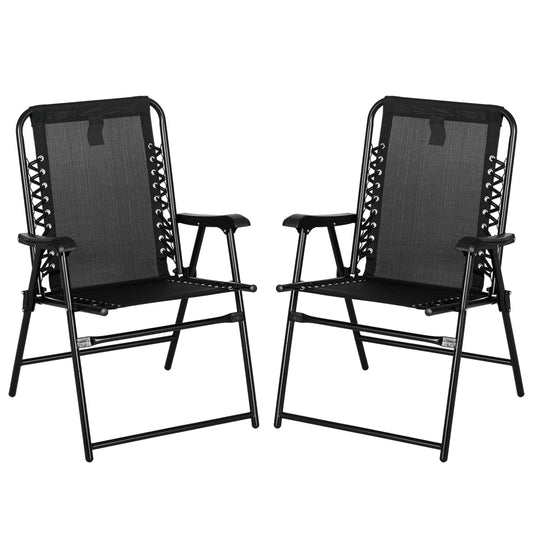 2 Piece Patio Folding Chair Set, Outdoor Portable Loungers for Camping Pool Beach Deck, Lawn w/ Armrest Steel Frame Black