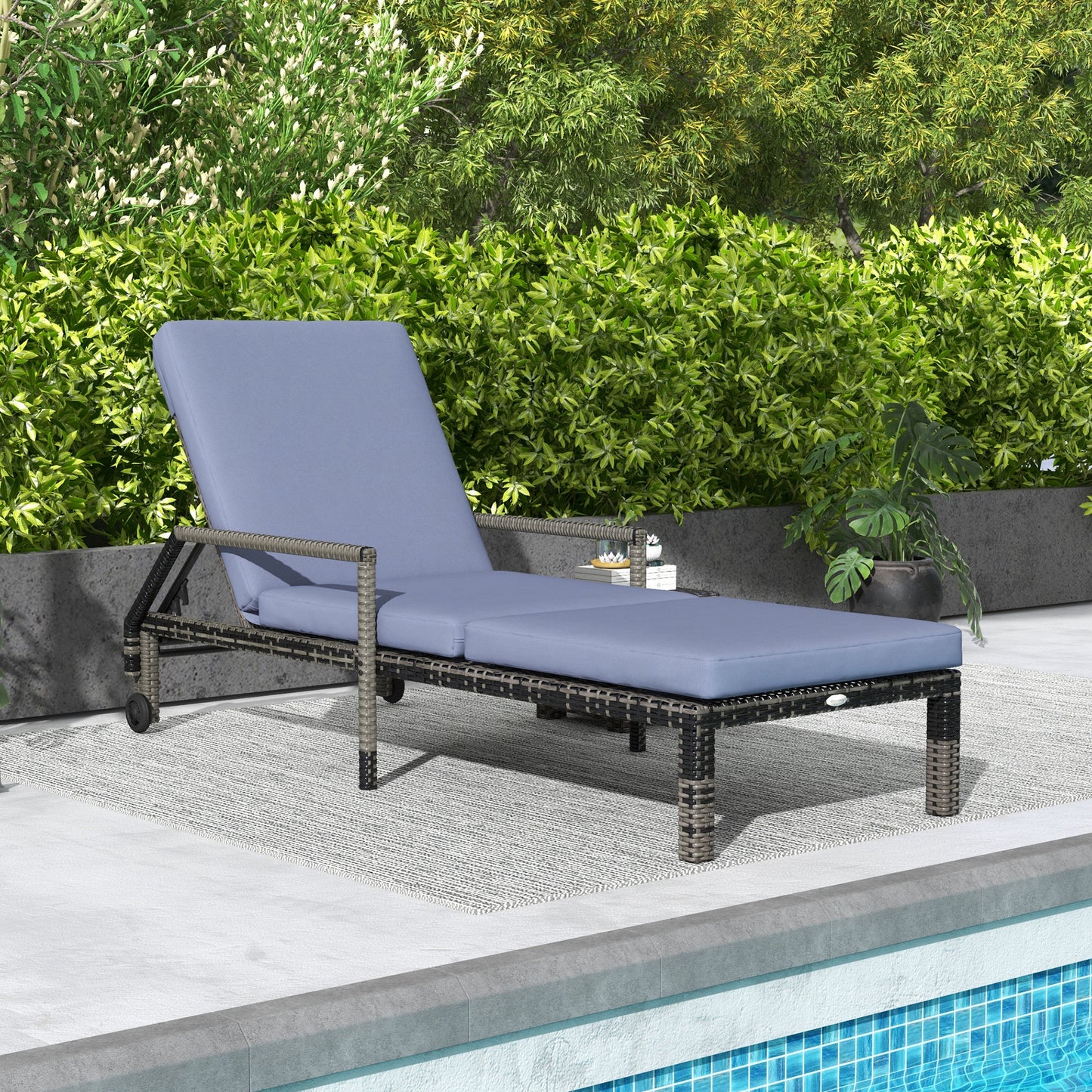 Outsunny Outdoor PE Rattan Sun Lounger Wicker Chaise Recliner Garden Chair z 5-poziomowym regulowanym oparciem i 2 kółkami, mieszany szary