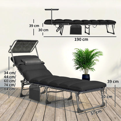 Outsunny Folding Sun Loungers Set of 2 with Canopy, Reclining Sunbed with Cushion, Side Pocket, Carrying Handle, Black