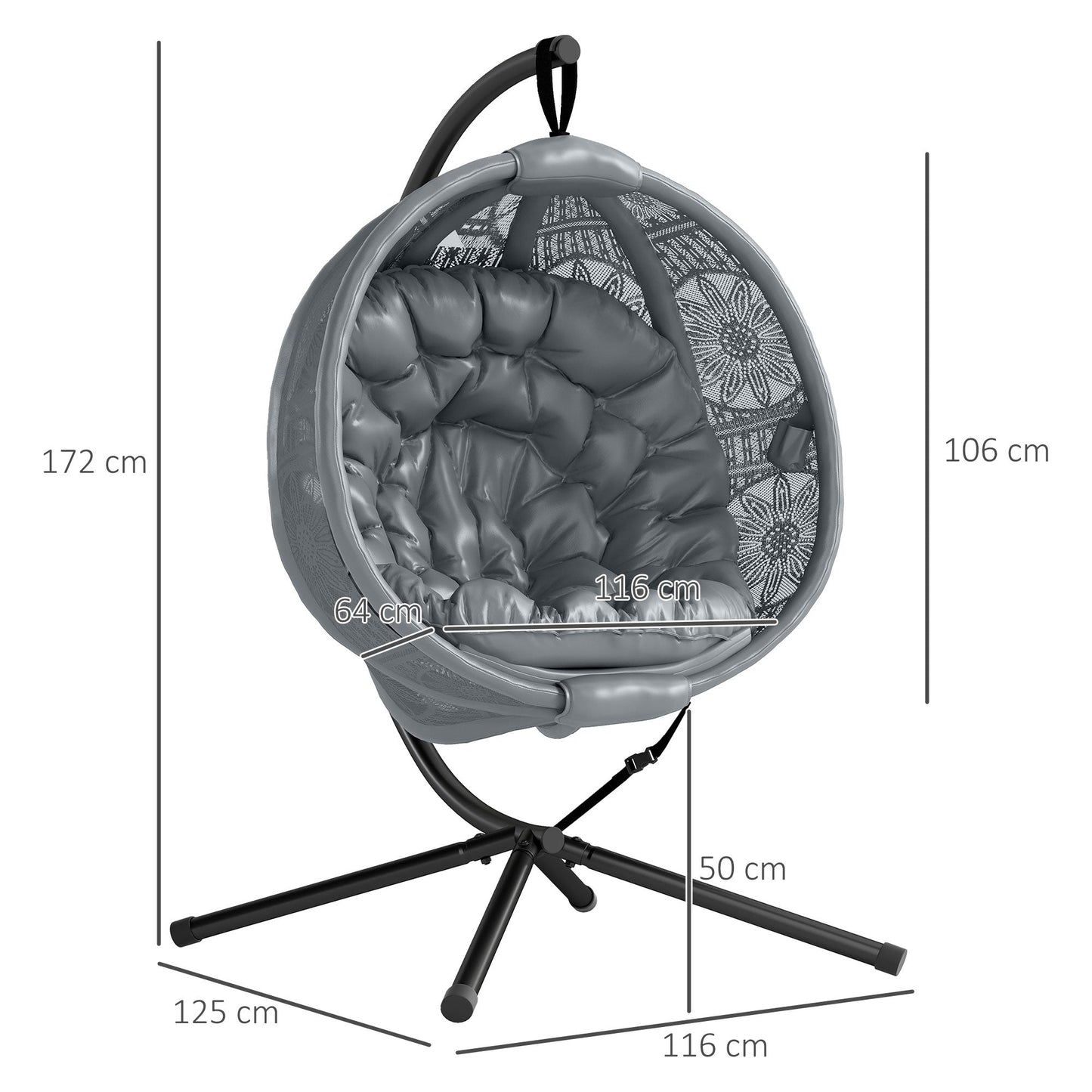 Outsunny Round Egg Basket Chair, with Steel Stand, Charcoal Grey