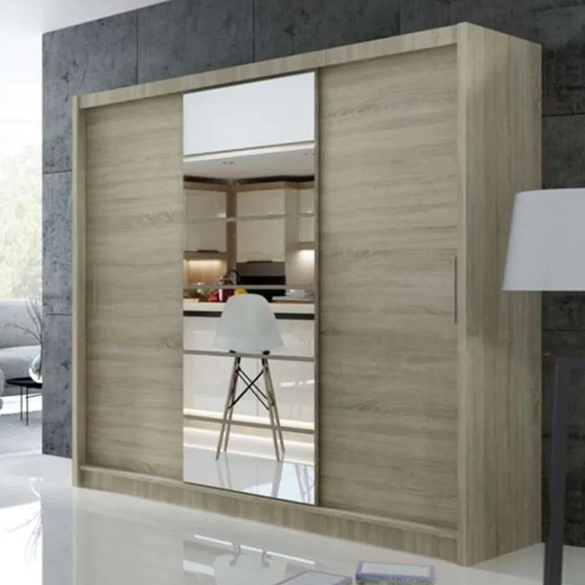 Rotherham Warm Wood Effect Sliding Door Mirror Wardrobe