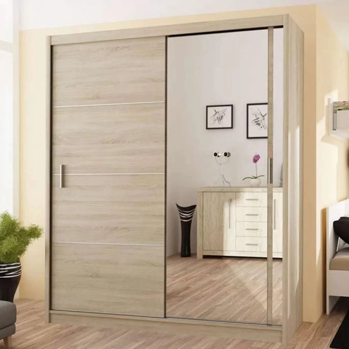 Broadland Sliding Door 180cm Wardrobe with Mirror - Black, White, Sonoma