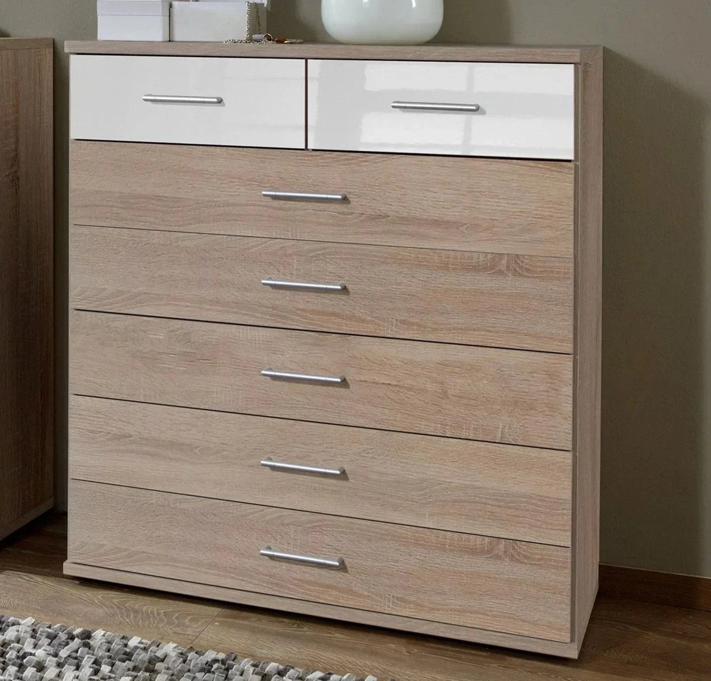 Oak Finish Chest of Drawers LENORA Medium Chest, 7 Drawers