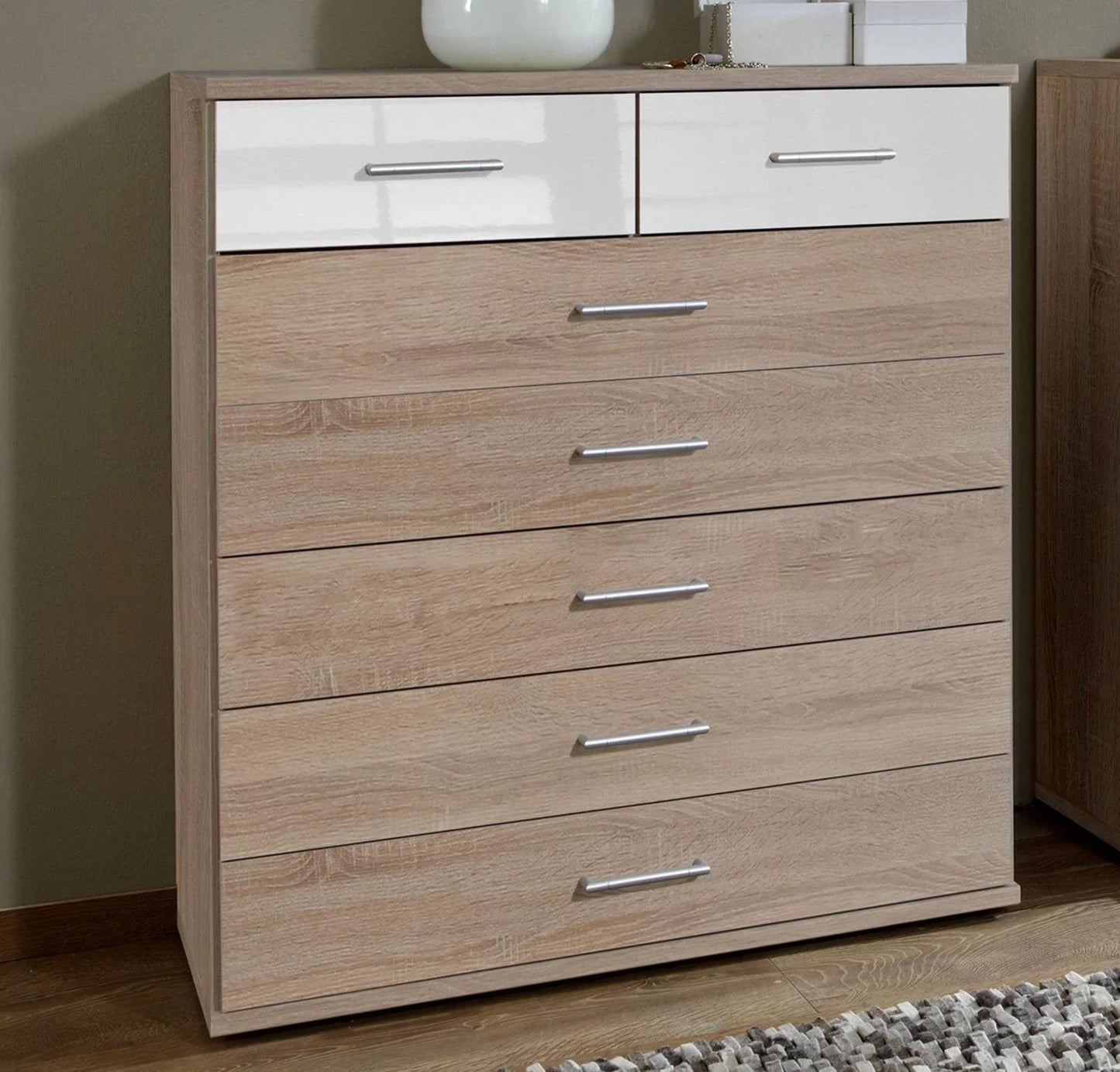 Gema 5+2 Drawer Storage Chest - Oak and White Gloss