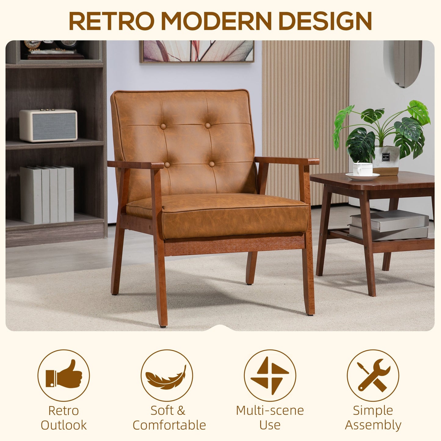 Fotel akcentowy HOMCOM w stylu retro z siedziskiem ze skóry ekologicznej – brązowy