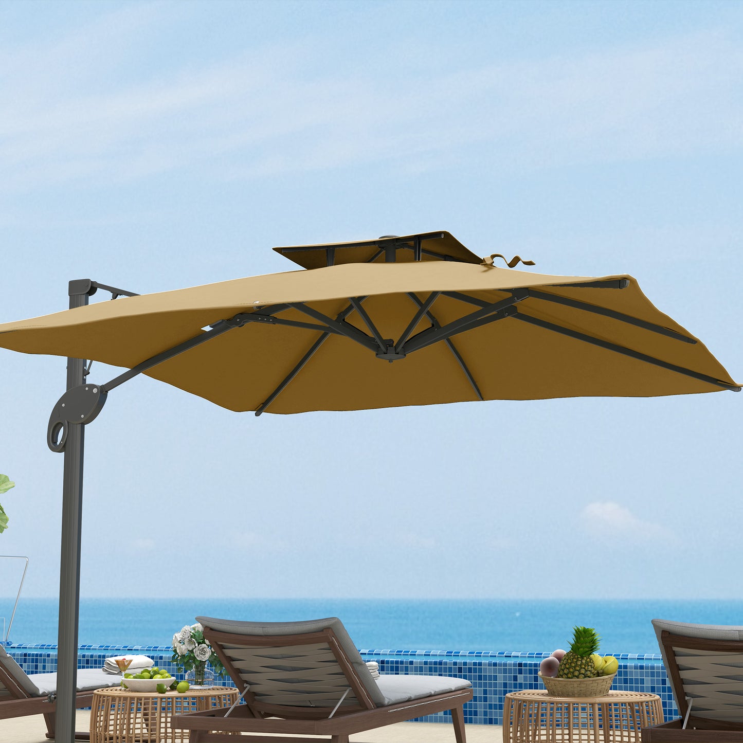 Parasol ogrodowy Outsunny, 3 m, wspornikowy, z mechanizmem hydraulicznym, góra z podwójnym otworem wentylacyjnym, 8 żeber, podstawa krzyżowa, kolor khaki