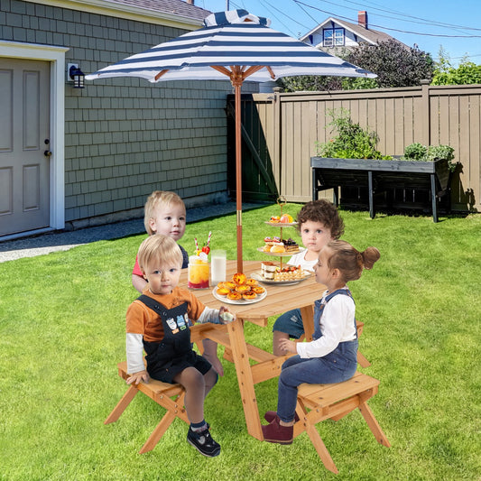 Kids Picnic Table with 4 Chairs and Adjustable Umbrella for Patio Garden Backyard-Natural