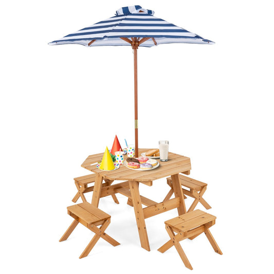 Kids Picnic Table with 4 Chairs and Adjustable Umbrella for Patio Garden Backyard-Natural
