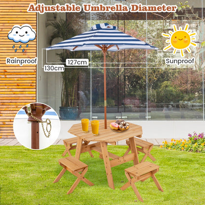Kids Picnic Table with 4 Chairs and Adjustable Umbrella for Patio Garden Backyard-Natural