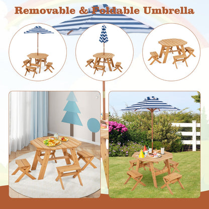 Kids Picnic Table with 4 Chairs and Adjustable Umbrella for Patio Garden Backyard-Natural