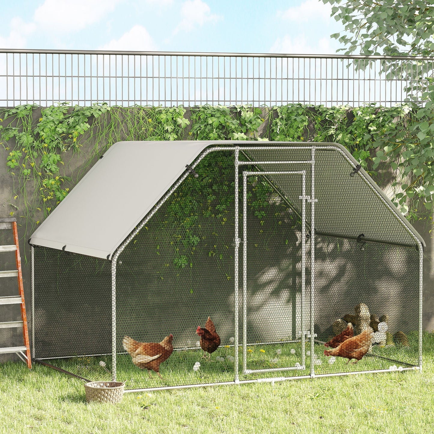 PawHut Walk-In Chicken Coop Run Cage Large Metal Chicken House w/ Cover Outdoor, 280W x 190D x 195H cm