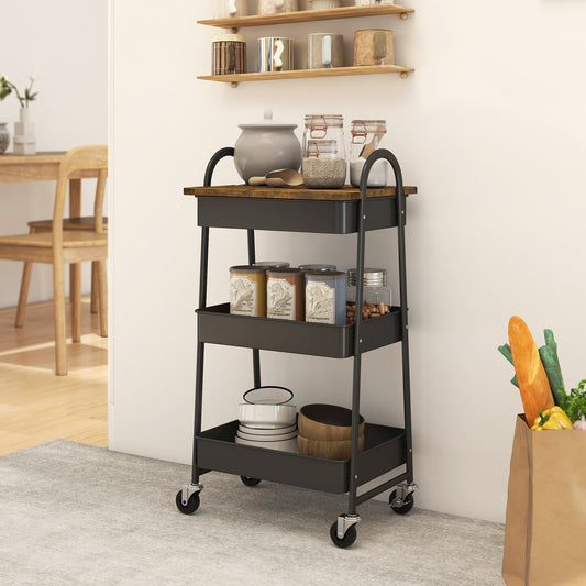 HOMCOM 3-Tier Kitchen Storage Trolley with on Wheels Cover Top Board - Rustic Brown and Black