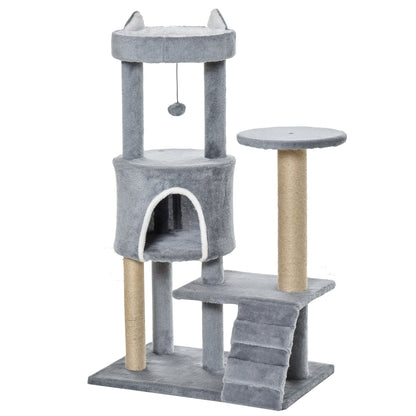 PawHut 100 cm Cat Tree, Cat Condo Tree Tower for Indoor Cats, Cat Activity Centre with Scratching Posts, Plush Perch, Ladder, Hanging Ball - Light Grey