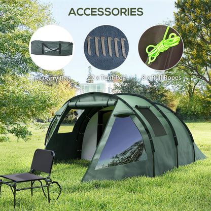 Outsunny Two Room Tunnel Tent Camping Tent for 3-4 Man with Windows, Covers, Carry Bag, for Fishing, Hiking, Sports, Green