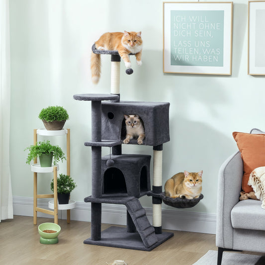 PawHut 140cm Large Cat Tree Tower with Sisal Scratching Posts, Cat Houses, Plush Perches, Hammock, Ladder, Dark Grey