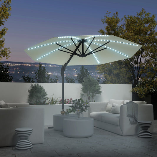 Outsunny 3(m) Cantilever Garden Parasol with Solar Powered Lights, Crank Handle & Cross Base, UPF 50+, 360 Rotation, Cream