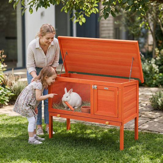 PawHut Wooden Rabbit Hutch, Guinea Pig Hutch with Asphalt Roof, Outdoor Elevated Bunny House for Rabbits, Chinchillas