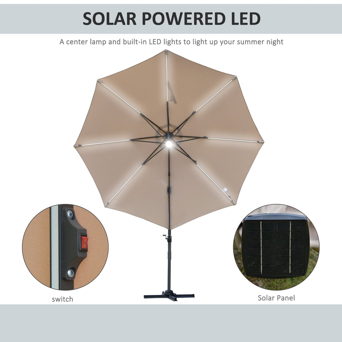 مظلة شمسية من Outsunny 3(m) Cantilever Roma Parasol Garden Sun مع قاعدة متقاطعة من ضوء الشمس LED تدور 360 درجة، بني