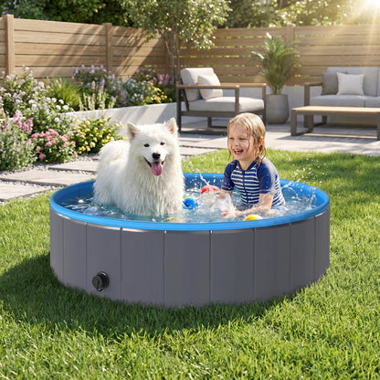 PawHut Foldable Dog Pool for Puppies and Ducks Dog Paddling Pool Bath Tub, Dark Grey, 120 x 30cm