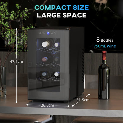 HOMCOM Mini lodówka na wino, 8 butelek, 21 l, 26,5 cm, wolnostojąca i podblatowa, cicha chłodziarka do wina ze szklanymi drzwiami, oświetleniem LED, cyfrowym ekranem dotykowym, kontrolą temperatury