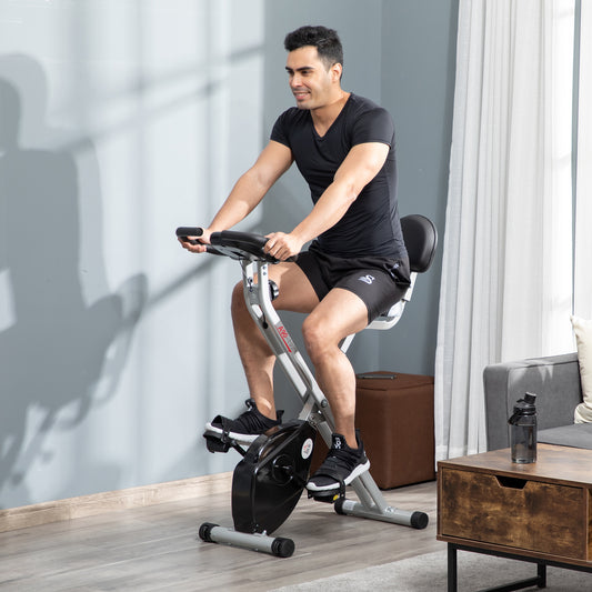HOMCOM Folding Exercise Bike, Fitness Bicycle Indoor Trainer, 8-Level Magnetic Resistance Adjustable, with LCD Monitor, Pulse Sensor, Grey