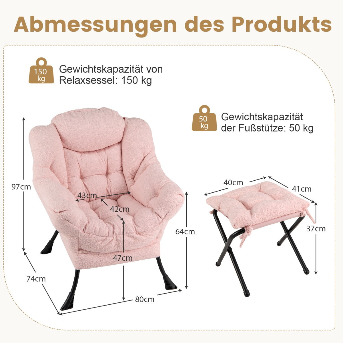 Modern Accent Chair with Folding Footrest and Head Pillow-Pink