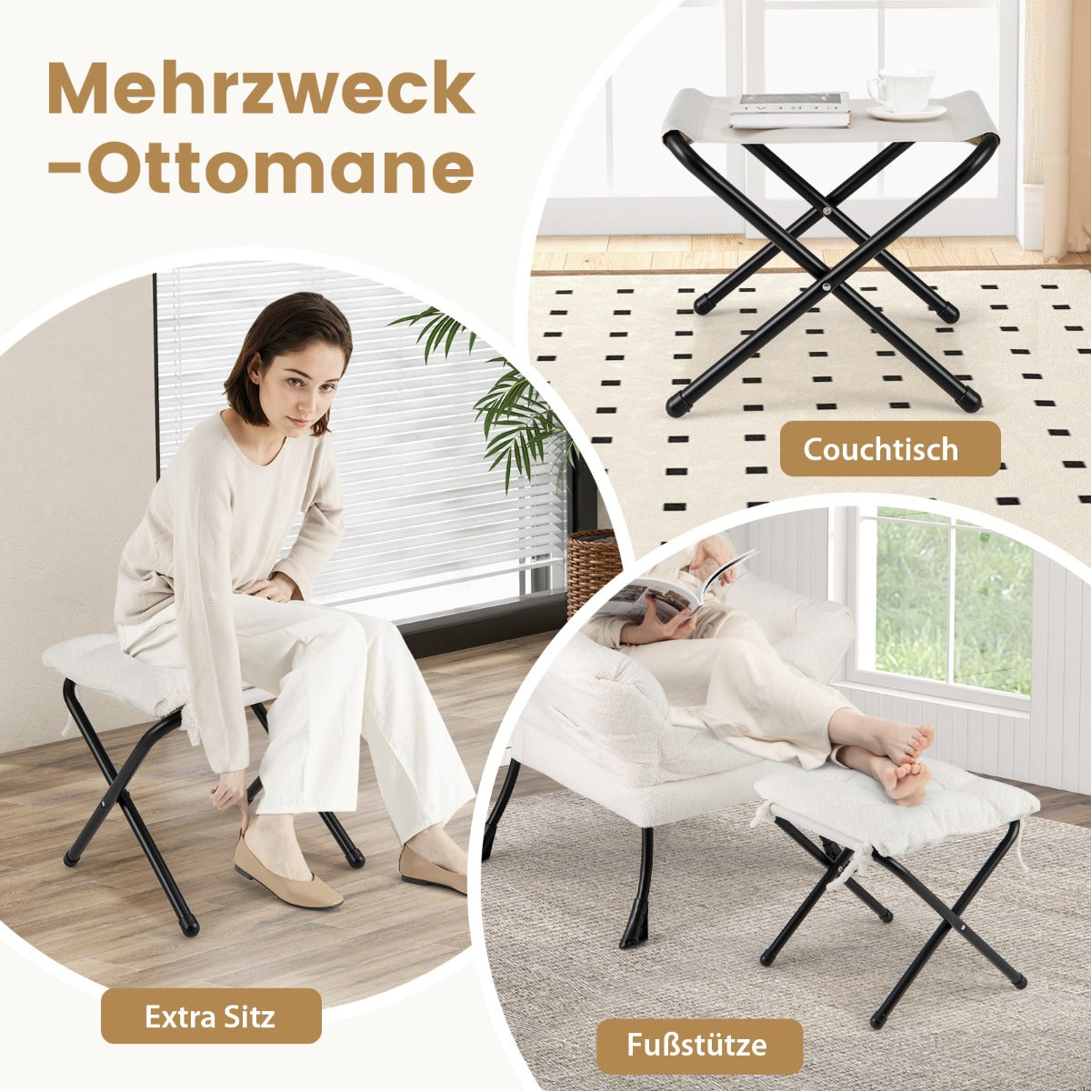 Modern Accent Chair with Folding Footrest and Head Pillow-Beige