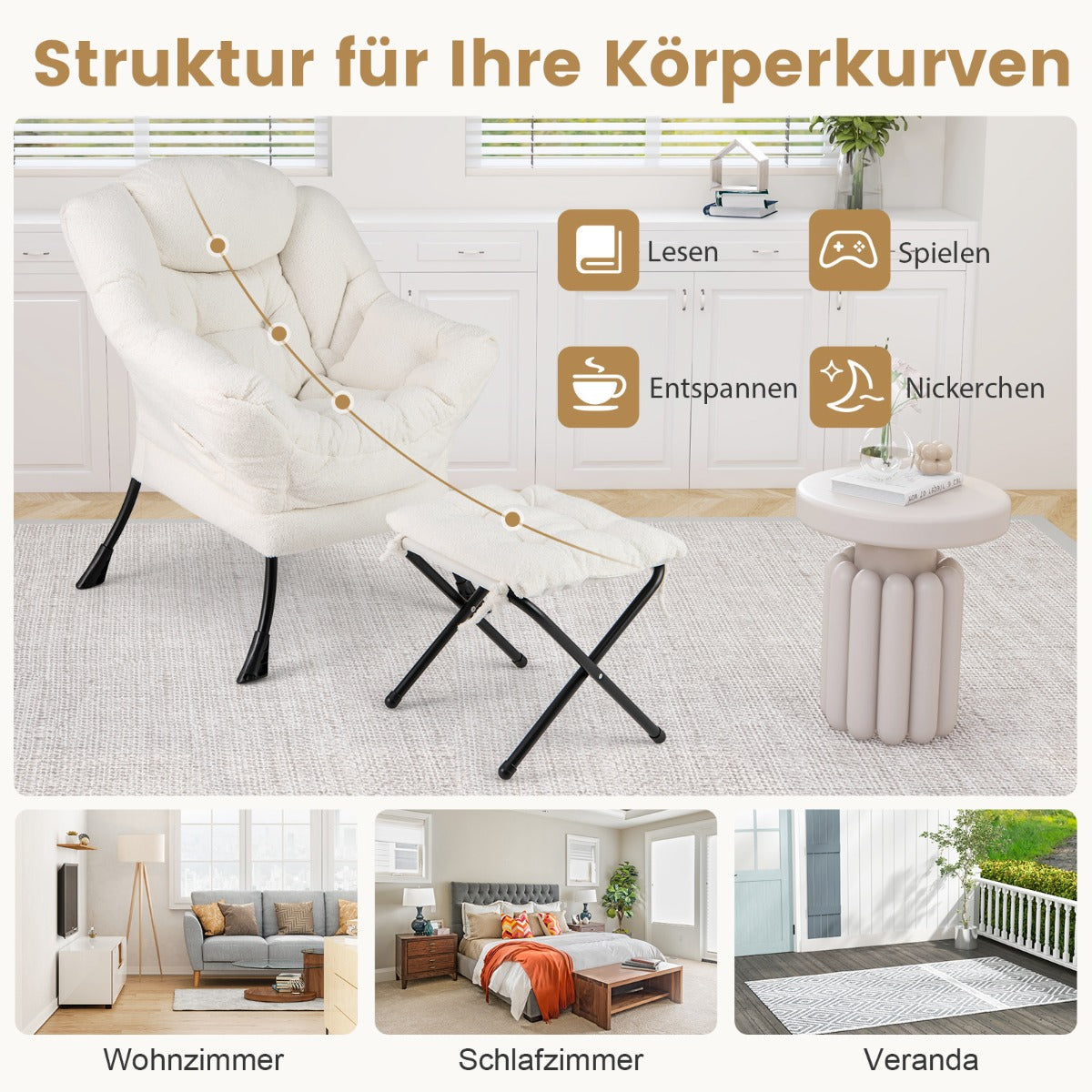 Modern Accent Chair with Folding Footrest and Head Pillow-Beige