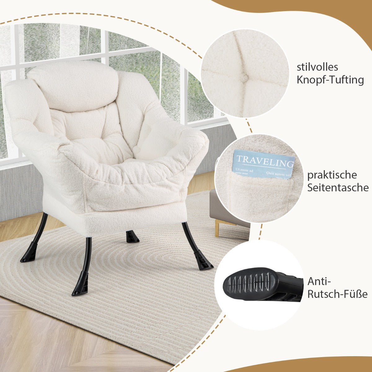 Modern Accent Chair with Folding Footrest and Head Pillow-Beige