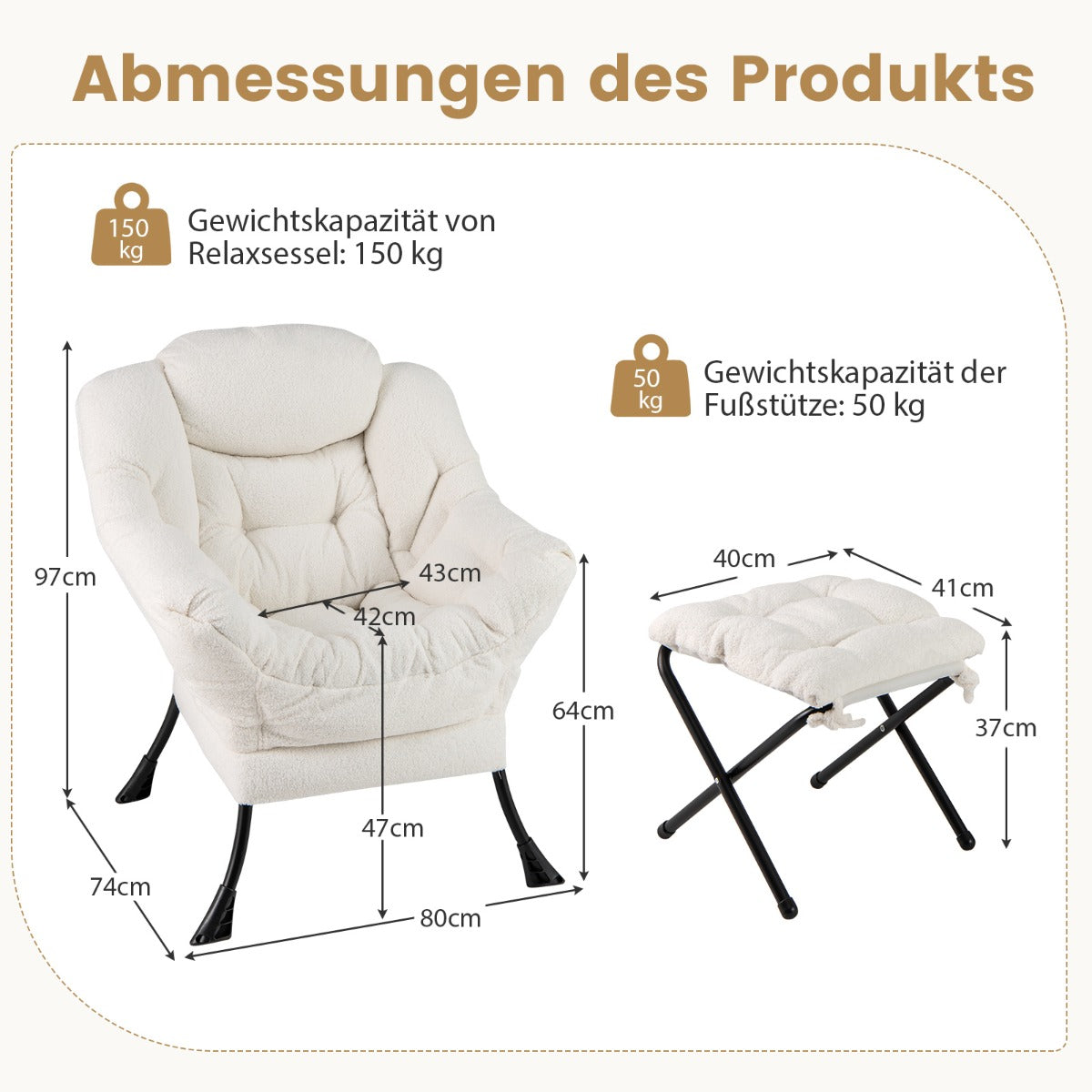 Modern Accent Chair with Folding Footrest and Head Pillow-Beige