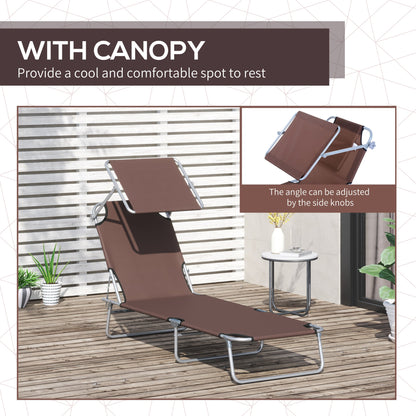 Outsunny Outdoor Foldable Sun Lounger, 4 Level Adjustable Backrest Reclining Sun Lounger Chair with Angle Adjust Sun Shade Awning for Beach, Garden, Patio, Brown