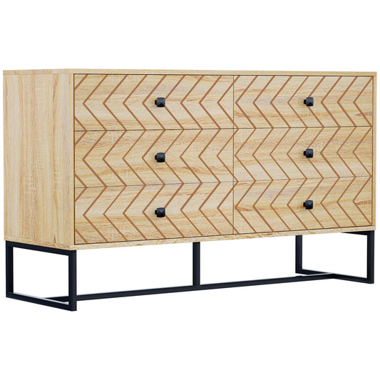 Komoda sypialniana HOMCOM, 6 szuflad, szafka boczna z wzorem w zygzak i metalową podstawą, moduł z szufladami, 120 x 71 cm, kolor naturalny